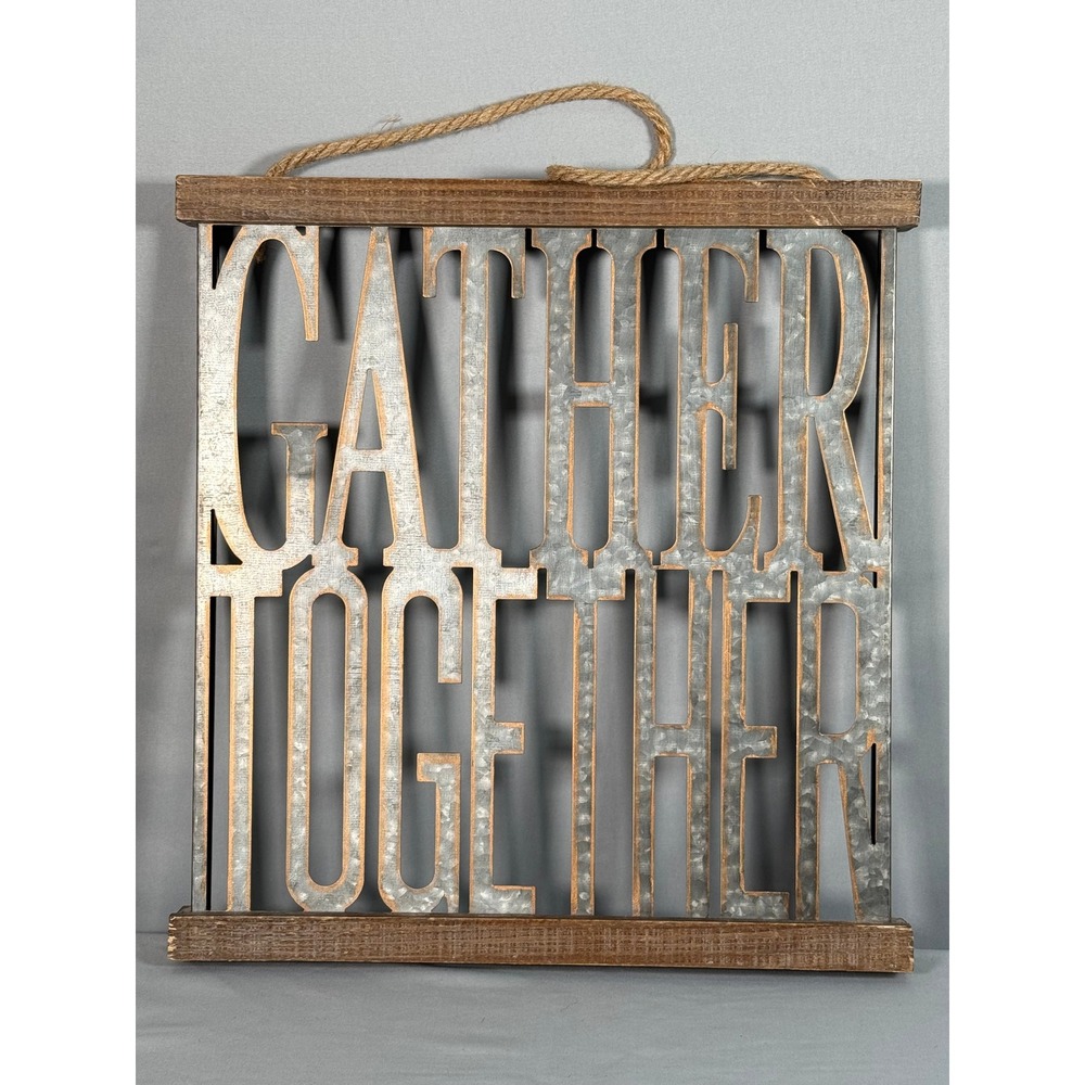 Rustic Gather Together Metal and Wood Wall Art Sign Farmhouse Decor 15x16x1.5‎